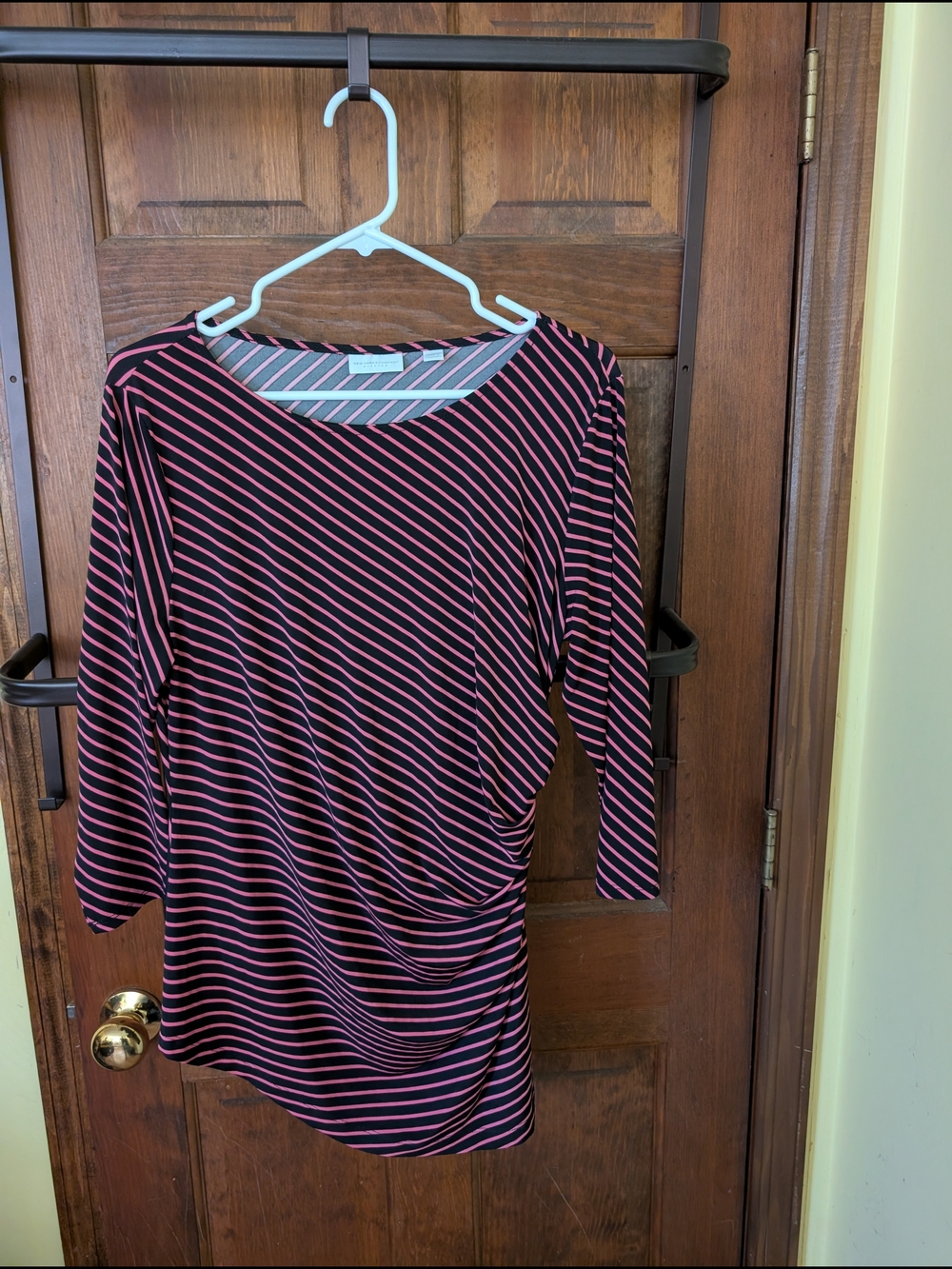 New York & Company Women's Black and Pink Striped Ruched Top